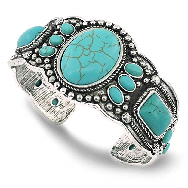 jianxi Womens Antique Rgentium Plated Base Heart Compressed Turquoise Bracelet Cuff Bangle Fashion Jewelry 